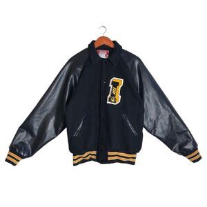 Vintage 90's Y2K Black Wool & Faux Leather Varsity Letterman Bomber Jacket